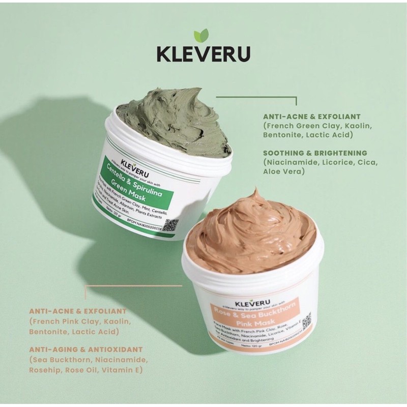 KINDSTORE❤ | Kleveru Centella &amp; Spirulina Green Mask / Kleveru Rose &amp; Seabuckthorn Pink Mask 100g