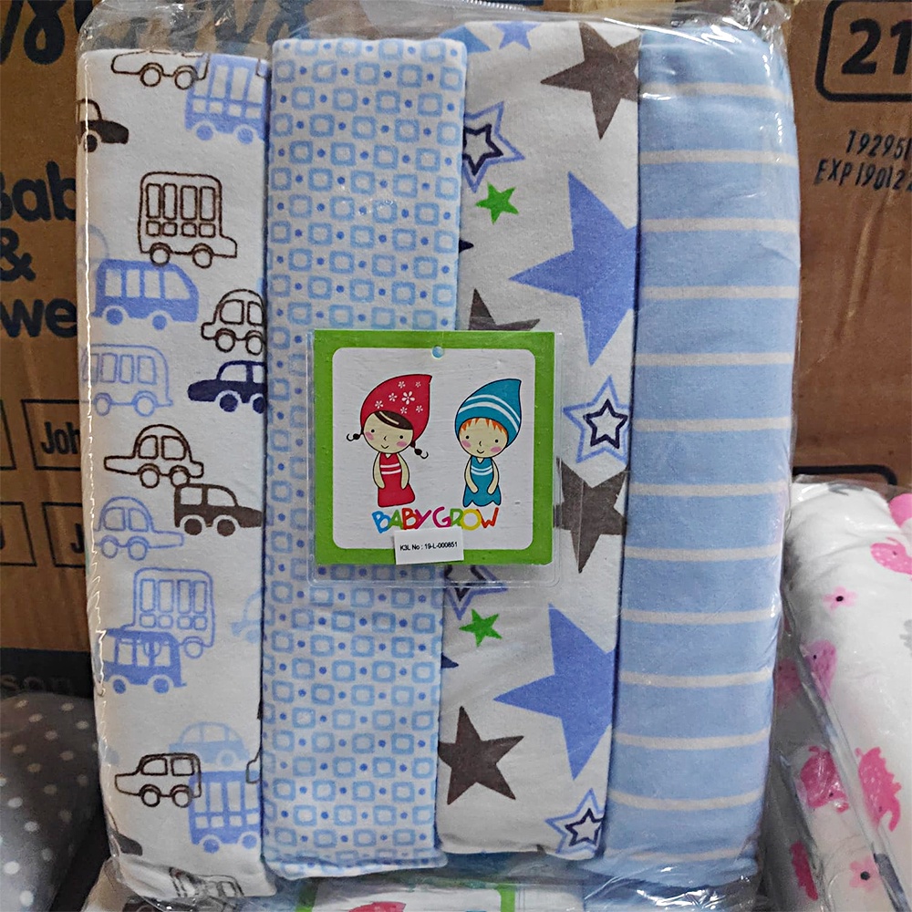 Baby Grow Bedong Bayi Flanel isi 4 Motif Baru 76cmx102cm BabyGrow Selimut Bayi Baru Lahir