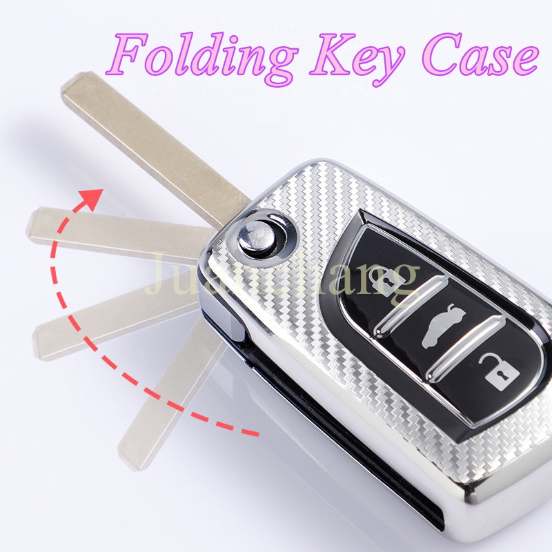 Casing Kunci Mobil 3 Tombol Bahan TPU Aksen Serat Karbon Untuk Toyota Auris Corolla Avensis Verso Yaris Aygo Scion TC IM 2015 2016 Camry RAV4