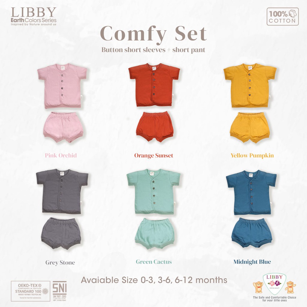 Libby Earth Comfy Set Pendek (1stel/pack) / Set Baju Lengan Pendek Celana Pendek (Tersedia varian ukuran dan warna)