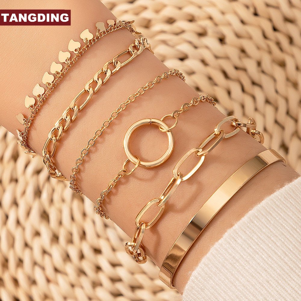 【COD Tangding】6pcs Gelang Rantai Gaya Boho Bentuk Geometri Lingkaran Aksen Rumbai Untuk Wanita