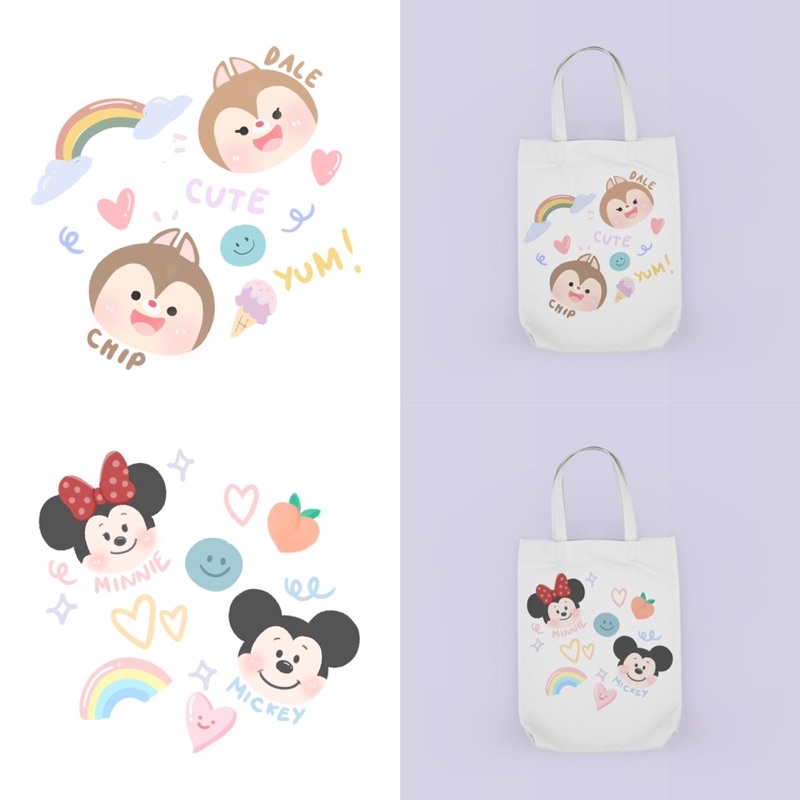 Tote Bag Bergambar Cute Doodle Disneyy/Toy Story/ Winnie the Pooh/ Stitch/ Monster inc/ Chipmunk/ Micky Mouse