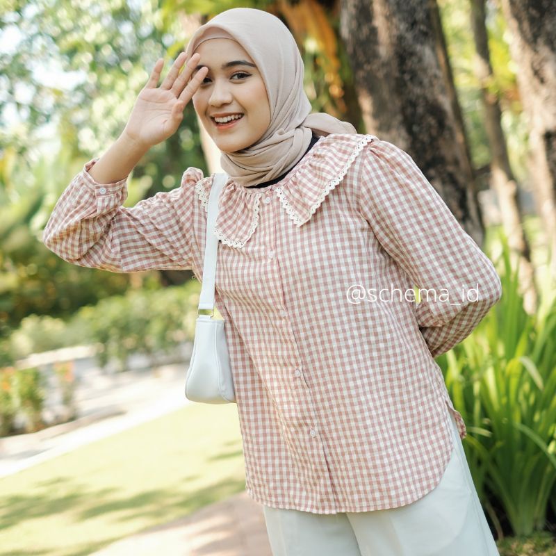Yeora Blouse by Schema Collar Blouse Korea Style Atasan Top Wanita Lengan Panjang Tartan Blouse Cotton Premium