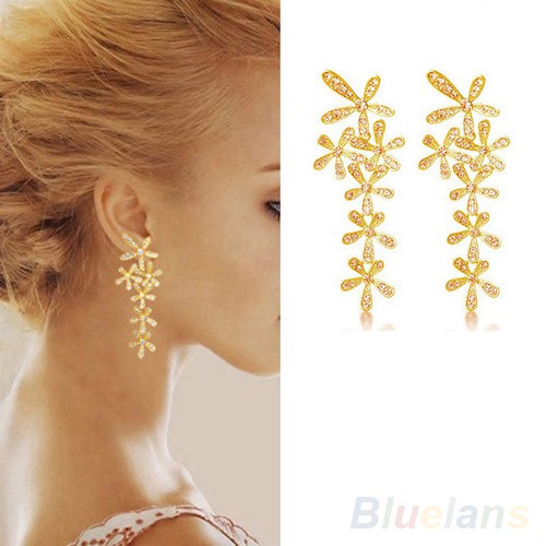 Fashion : Perhiasan Pernikahan Anting Tusuk Bunga Kepingan Salju Panjang &amp; Berlian Imitasi Penuh