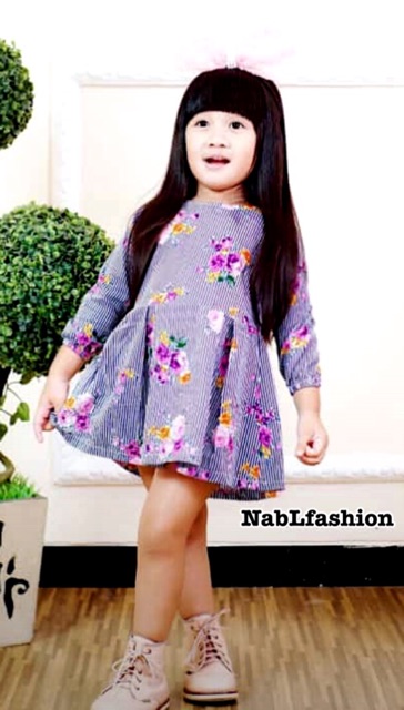 Mini dress tunik flower kids lengan panjang anak perempuan 2-4 tahun bahan katun nablfashion