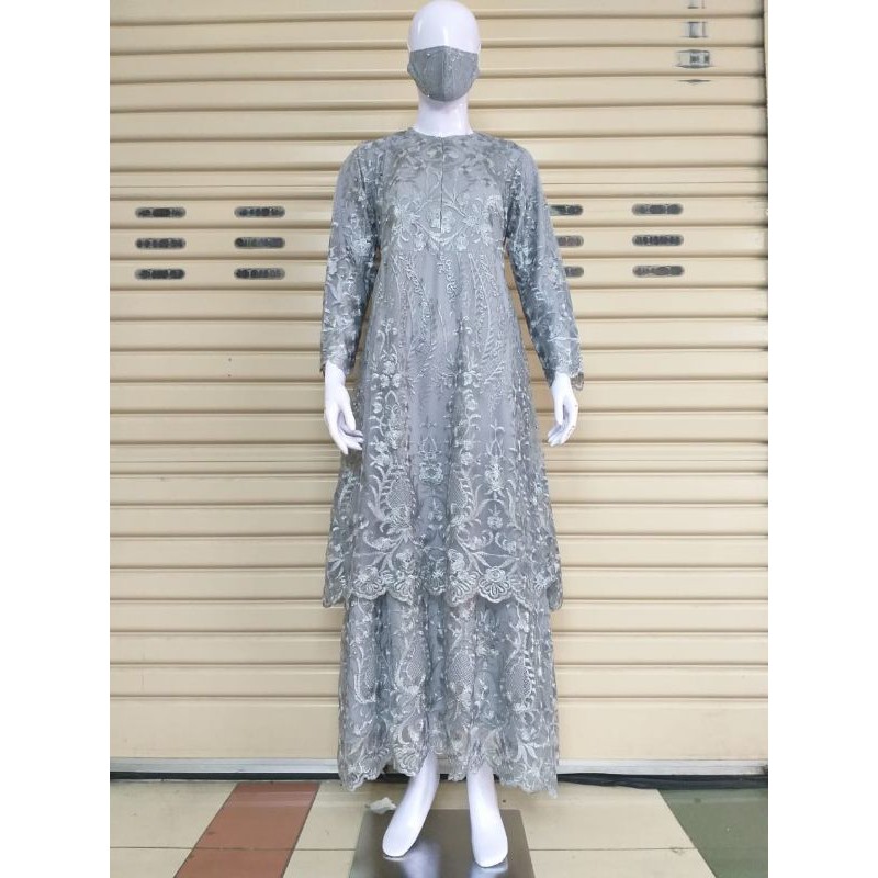 gakis tingkat brokat tule full / gamis pesta tule / gamis pesta cantik / gamis kondangan / gamis