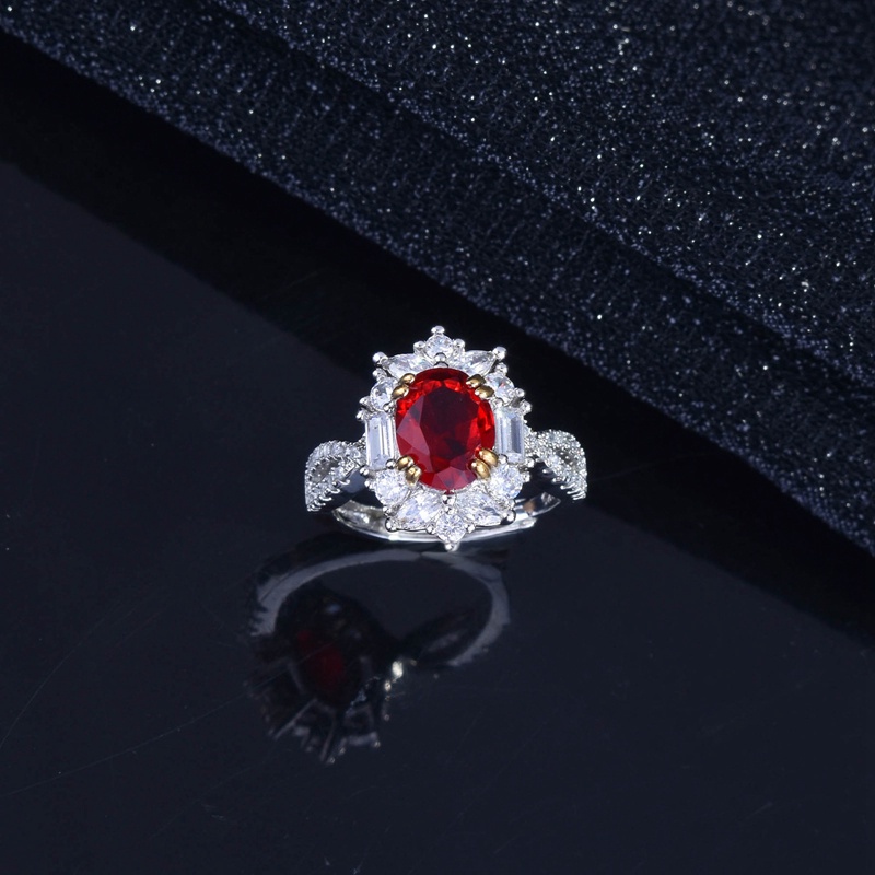 Fancyqube Cincin Sterling Silver 925 Model Terbuka Dengan Batu Zircon Oval Merah Vintage Untuk Wanita