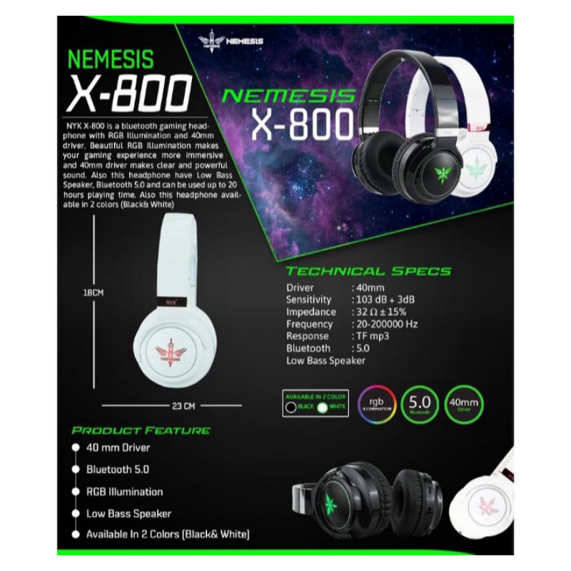 headset/Headphone Gaming bluetooth v5.0 NYK X800/ black white nyk original