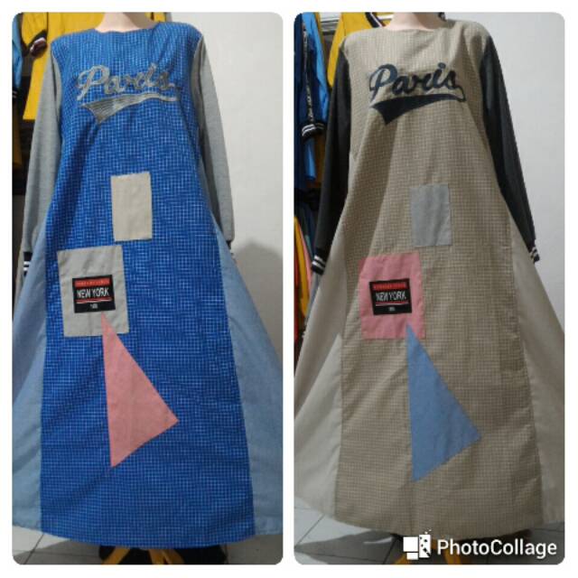 Gamis casual paris bahan katun ima tebal kombinasi kaos pada lengan