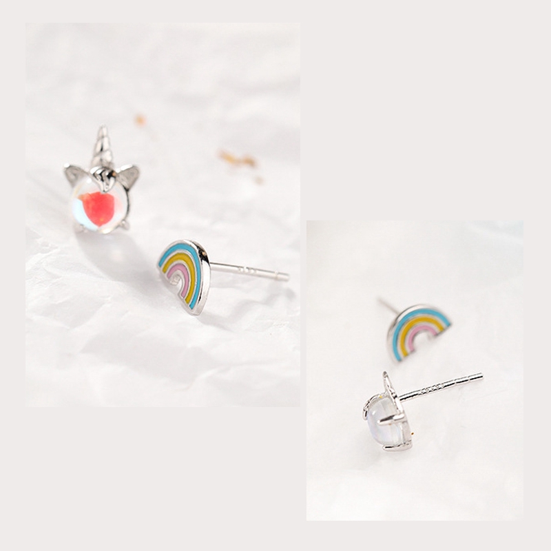 Anting Stud Earrings Women Unicorn Rainbow Earring Korean Simple Fashion Jewelry Gifts Sweet Heart Jewelry