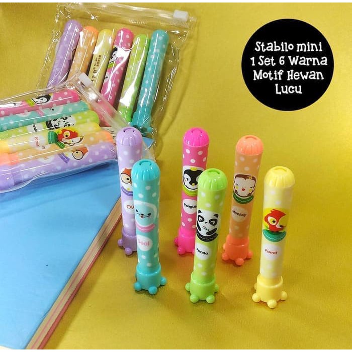 

Set Mini Stabilo / Spidol / Highliter Lucu 6 Warna Murah
