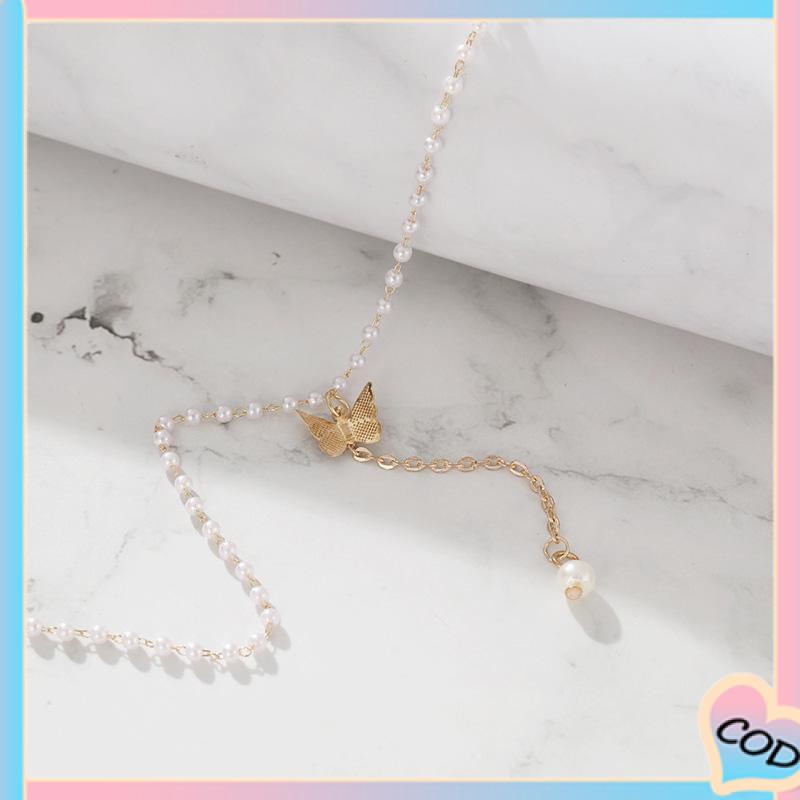 COD❤️ Retro Butterfly Pearl Kalung Lembut Gadis Kecil Cinta Liontin Kalung Rantai Klavikula-A.one