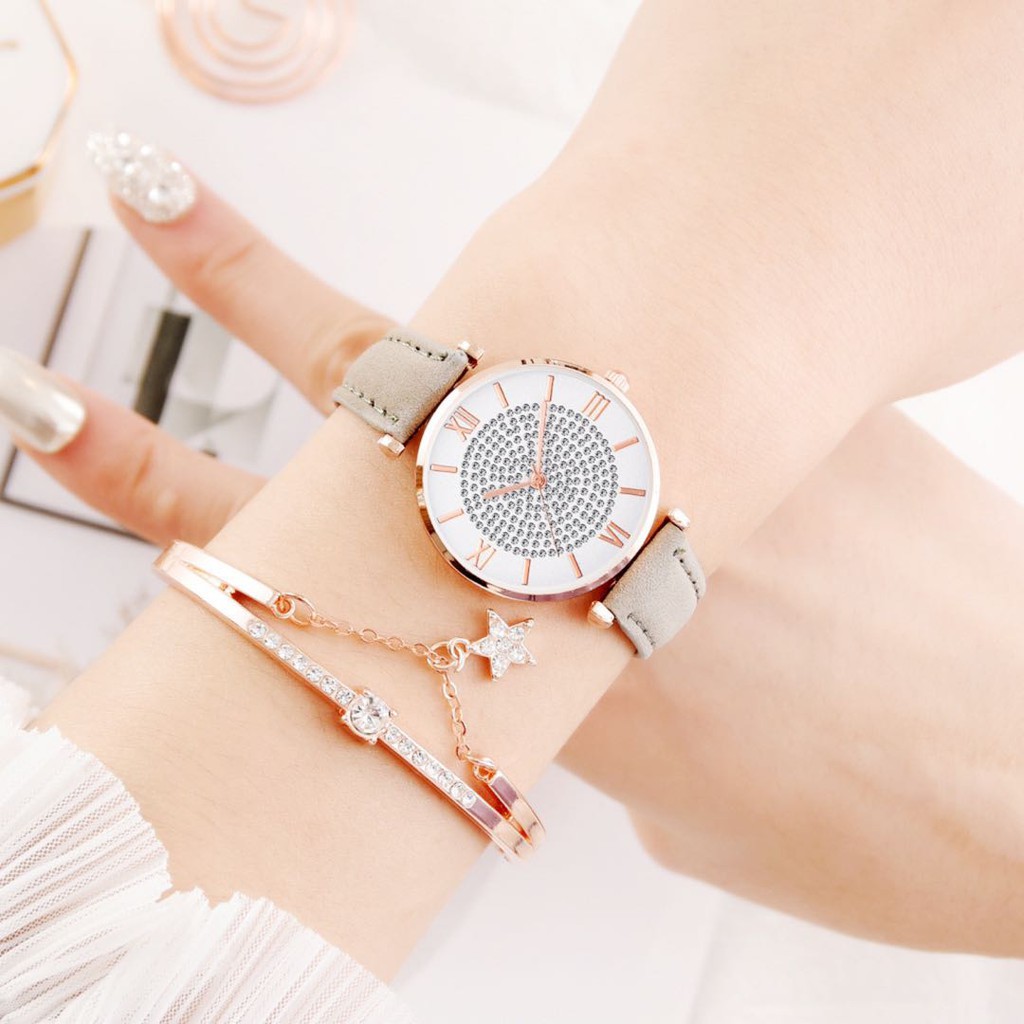 Jam Tangan Fashion Wanita Arloji Kuarsa Gelang Tali Dua Potong Starry PU Klasik Arloji/Jam Analog