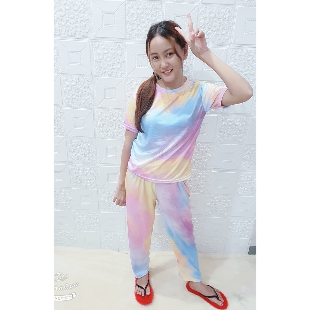 Rillo - Set Setelan CP  Wanita Tie Dye / Cotton Candy /bt21 bordir Fit XL-Ungu CP