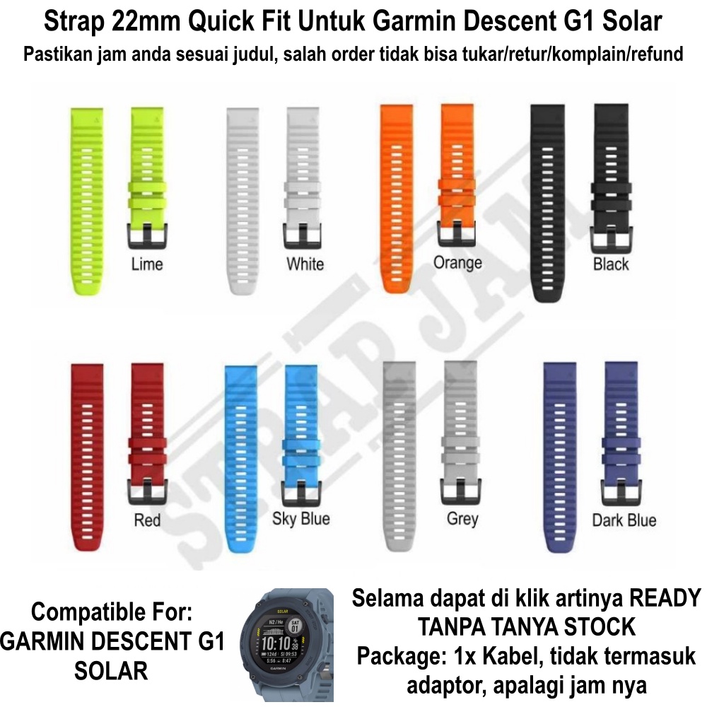 MF6 Strap Garmin Descent G1 Solar - Tali Jam Quick Fit 22mm Rubber Silikon Black Buckle