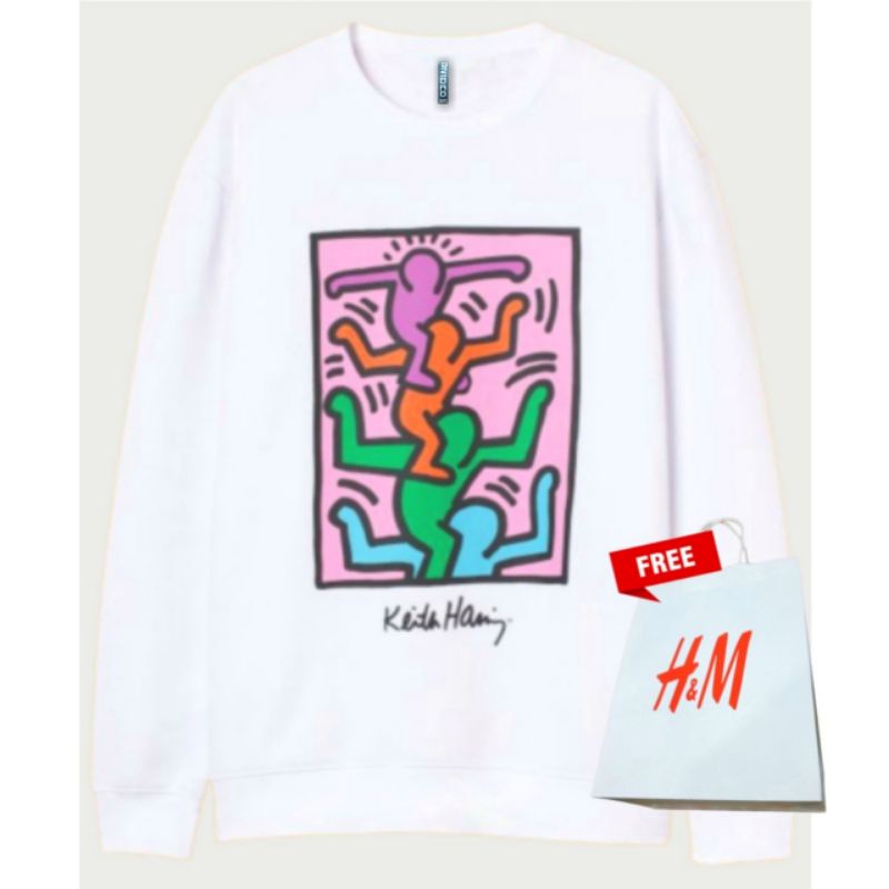 Crewneck Sweater H&amp;M HnM Keith Haring Putih White Wanita Cewek Pria Free Paper Bag