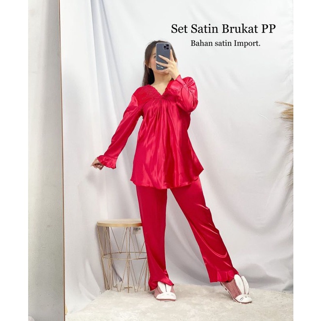 MDLV ~ Baju Tidur Set Satin Brukat PP Piyama Satin Dewasa Celana Panjang