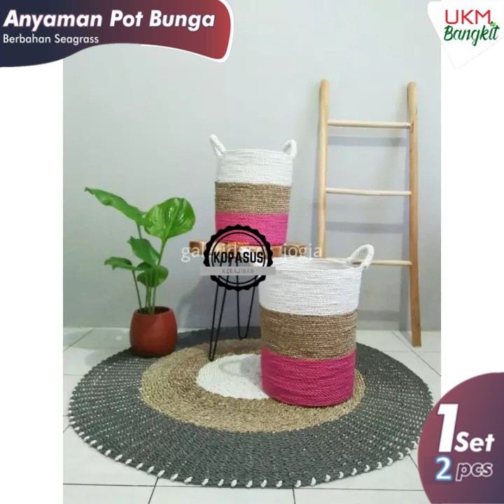 Cover vas pot bunga anyaman seagrass jumbo unik lucu murah premium