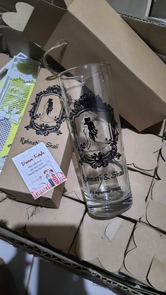 Souvenir Pernikahan Gelas Kaca Minum Gelas Bamboo Bambu Gelas Jus Gelas Sablon Kemas Box Rustic