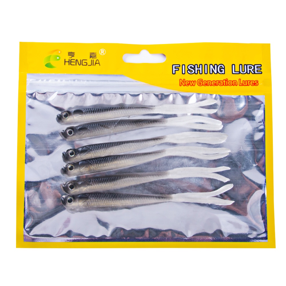 Hengjia 6pcs / Kantong Umpan Pancing Softlure Bentuk Cacing Ekor T 7cm 7.5cm 10cm 11cm 12cm Warna Hitam Putih