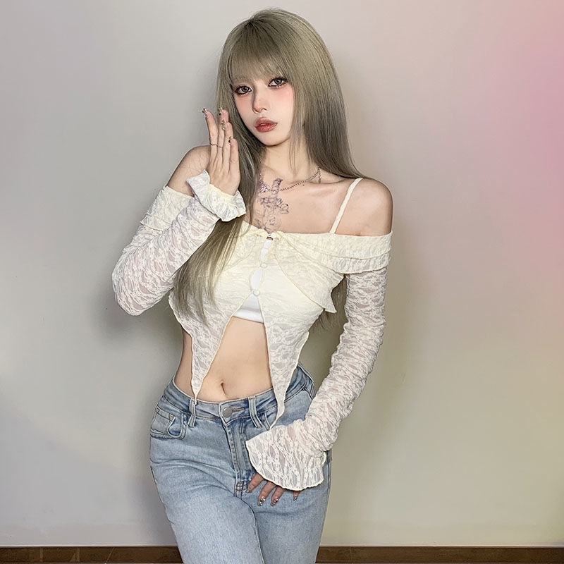 Prove kekinian atasan crop top French pure desire girl niche thin suspender T-shirt female ins net red chic hollow top summer baju import kaos wanita korean style