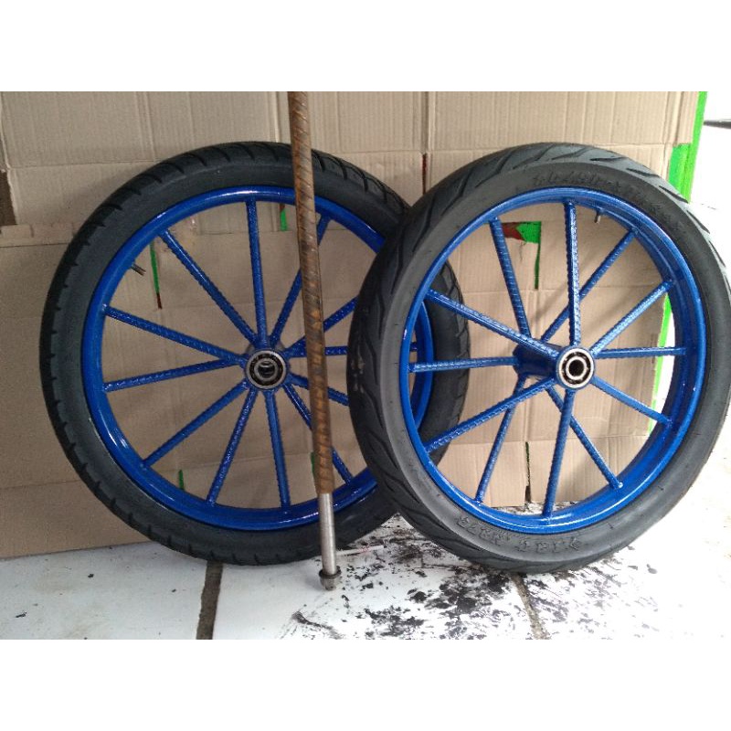 Roda Gerobak Dorong Model Behel Ring 17 palang ruji besi 12 .satu set as tinggal pasang