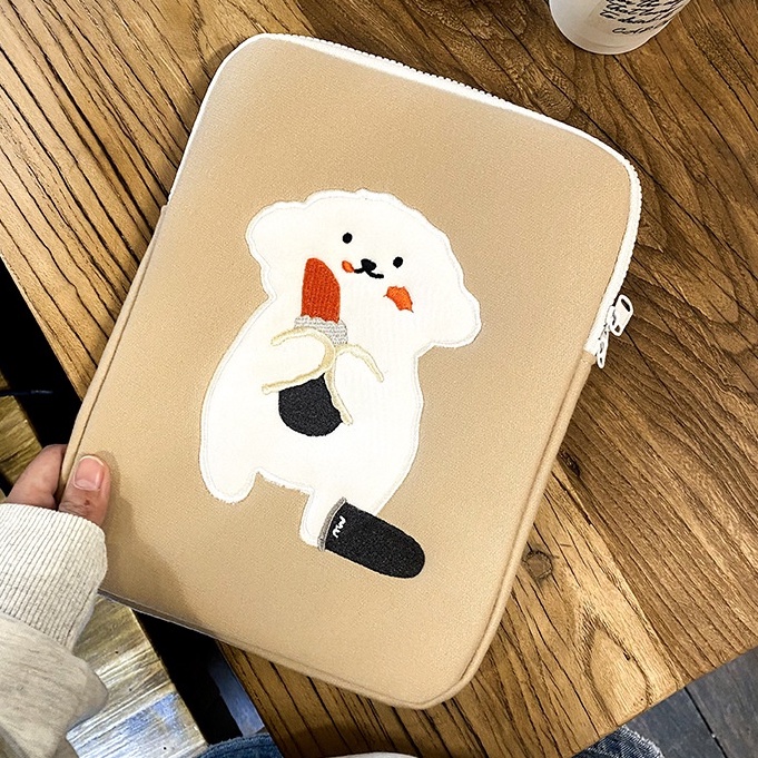 Sleeve Pouch Sarung Tas Bag Case Ipad Tab Tablet Macbook Air Pro Laptop Asus Acer Lenovo HP Huawei 11 12 13 14 15 inch Motif Gambar Kartun Anjing  Dog Poodle Warna  SOft Brown Khaki Cute Murah Korean Model