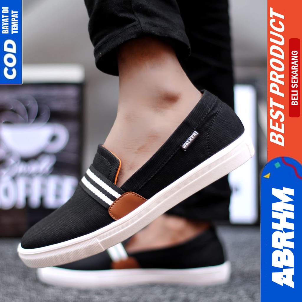 Abrhm Kante - Sepatu Slip On Santai Casual Pria Hitam Kanvas Original