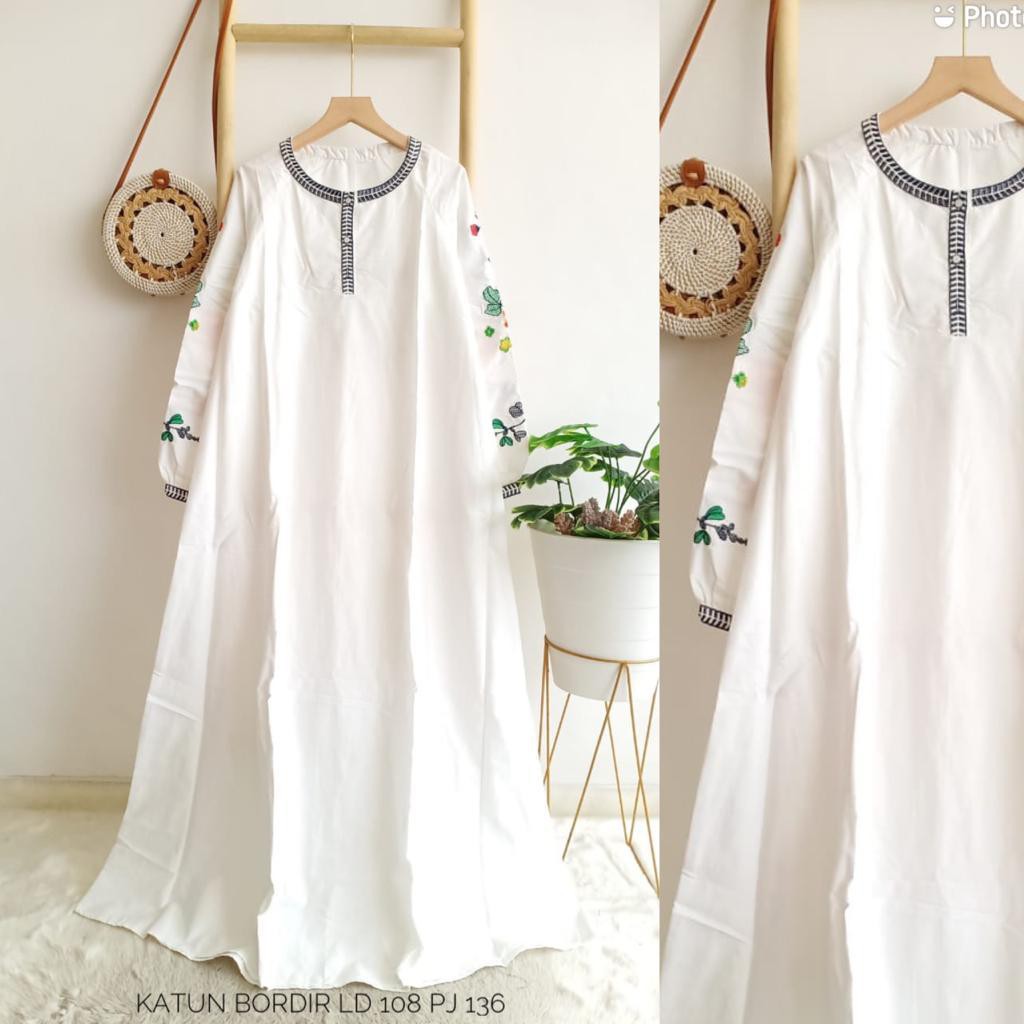 gamis putih katun bordir import