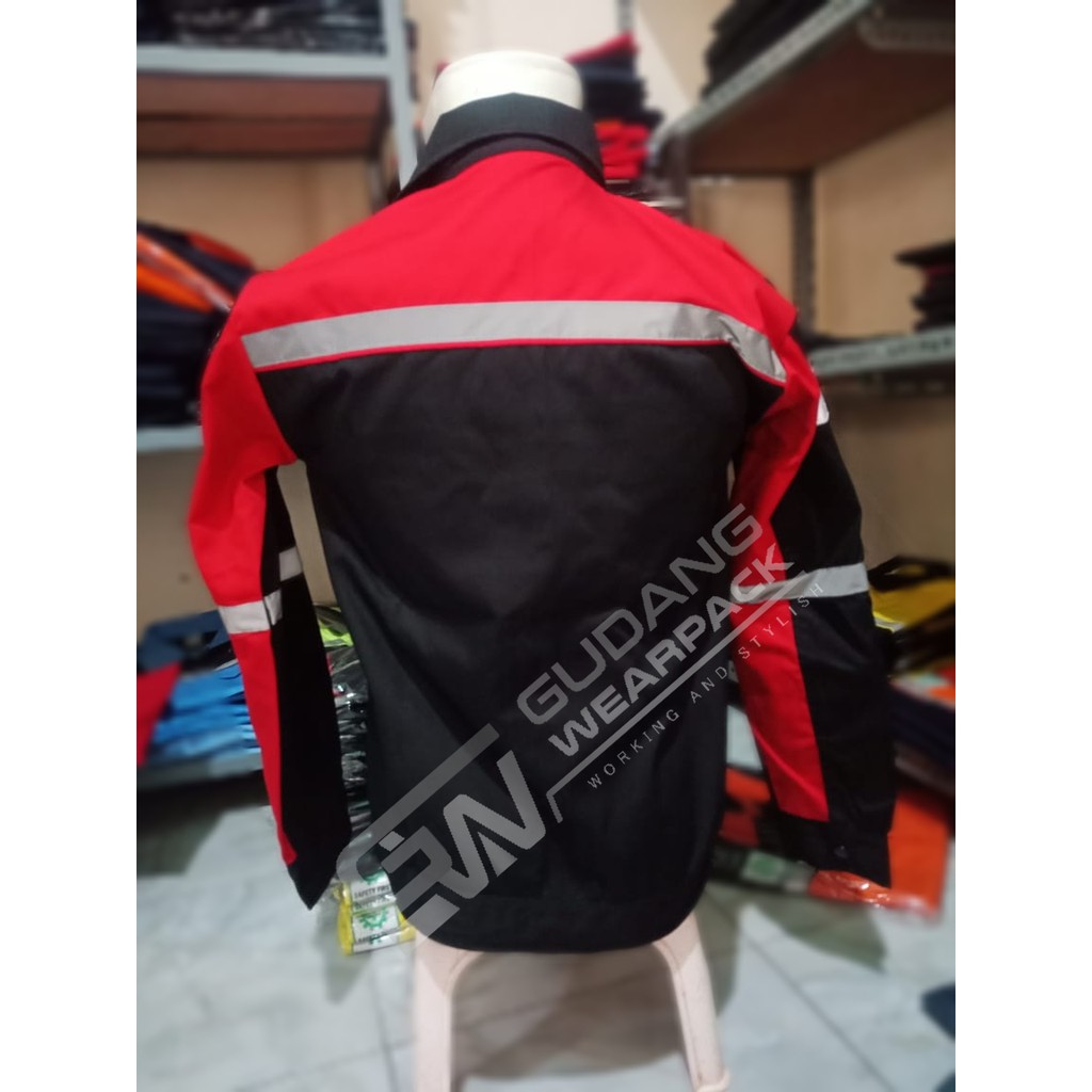 Gudang Wearpack - Baju Kerja Seragam Proyek Warna Hitam Merah