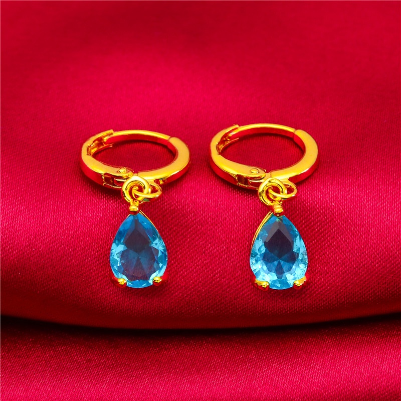 Anting Drop Manik-Manik Ruby Emerald Sapphire 24K Gold Plated Gaya Bangkok Untuk Wanita