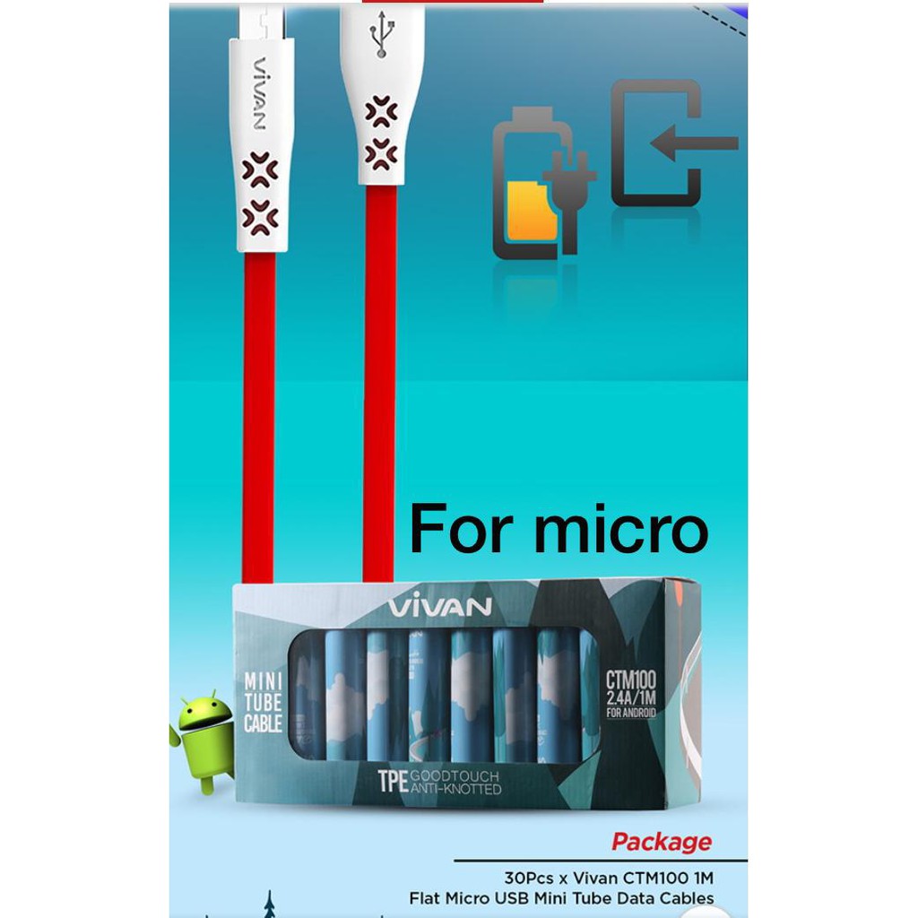 1KOTAK 30PCS~KABEL DATA MICRO VGEN VCMC5 / KABEL DATA VIVAN CTM100/CTL100/CTC100 2.4A 1M