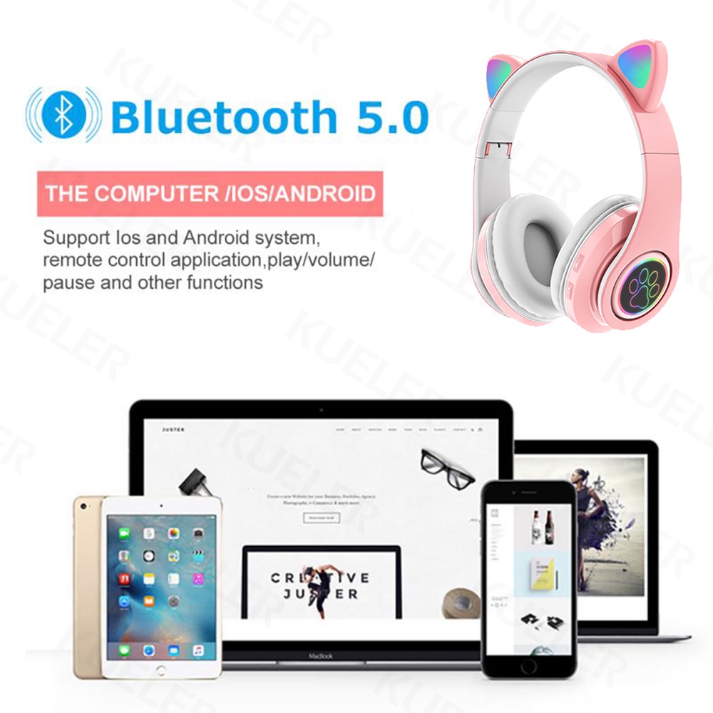 Headphone Bluetooth Telinga Lampu Kucing B39 Cat Ear Headphone On Ear Bass Bando Bloetooth Headset Wireless Lucu Anak-anak Macaroon Headset Gaming Murah