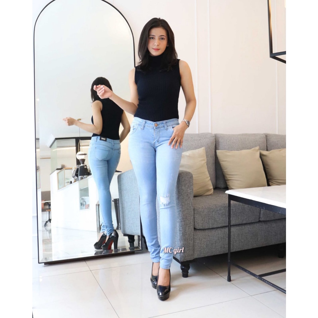 MC girl - Celana Jeans Sobek Ada Lapisan Warna Biru Muda Wanita / Celana Lepis Panjang Sobek Cakar  Light Blue / Celana Denim Skinny Pensil Ripped Tidak Tembus