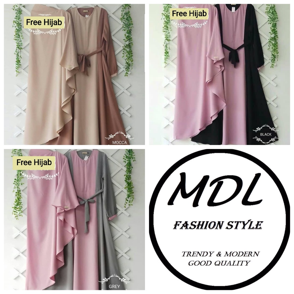 Syafira - Gamis Baju Dress Wanita Syari Busui FREE HIJAB Fashion Muslim Warna 2 Kombinasi Polos Cokl