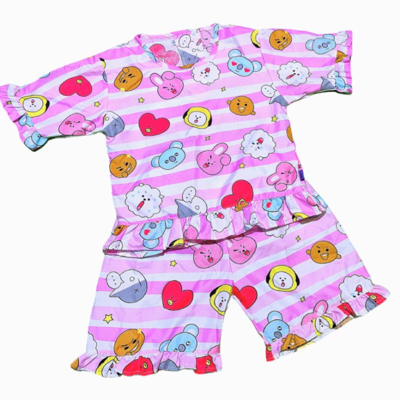 Setelan ruffle anak perempuan Stelan baju tidur anak piyama set celana pendek