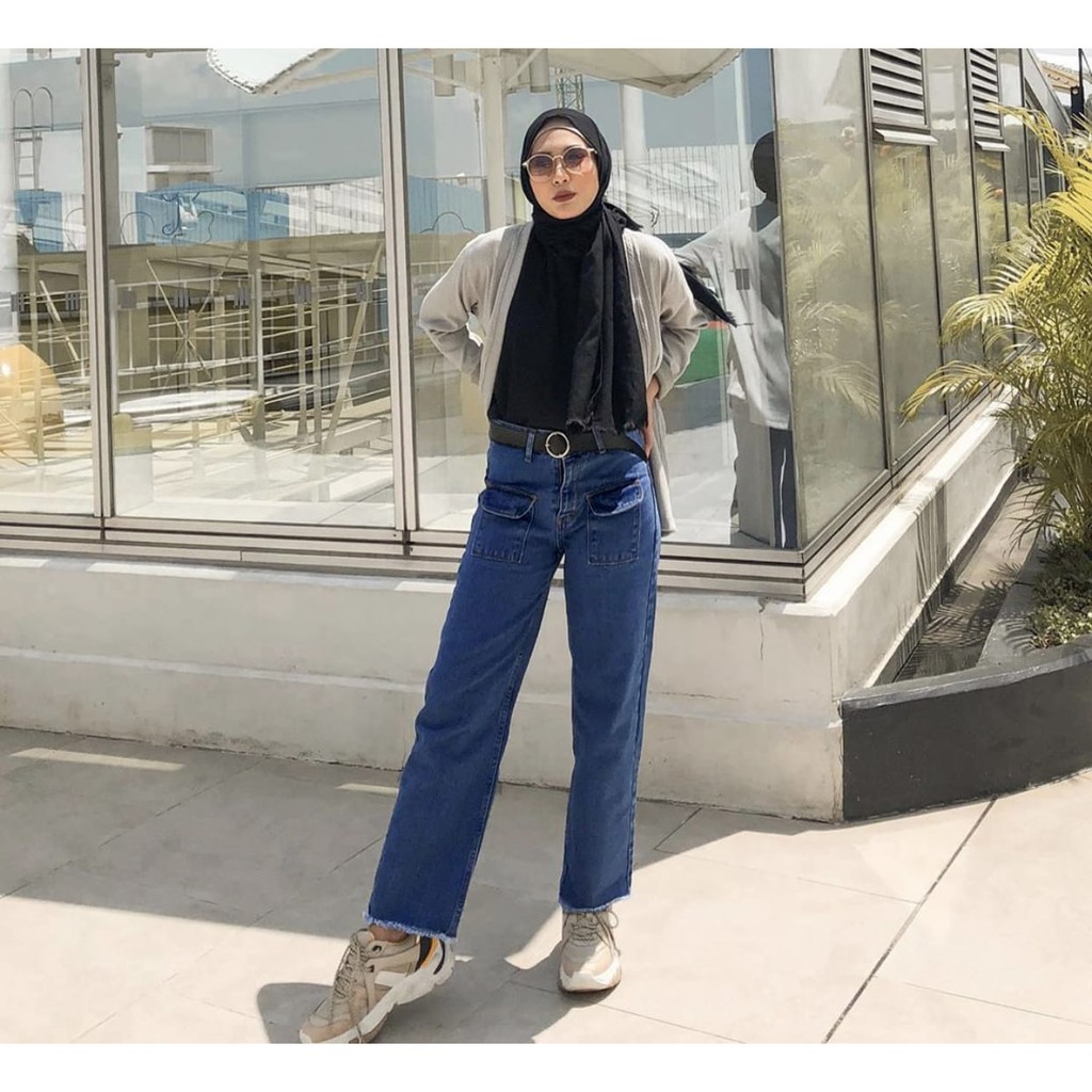 HOPYLOVY Celana Boyfriend Jeans | Celana Kulot Jeans Wanita Kantong Depan Shira Lilac Ungu Violet | Celana Lilac