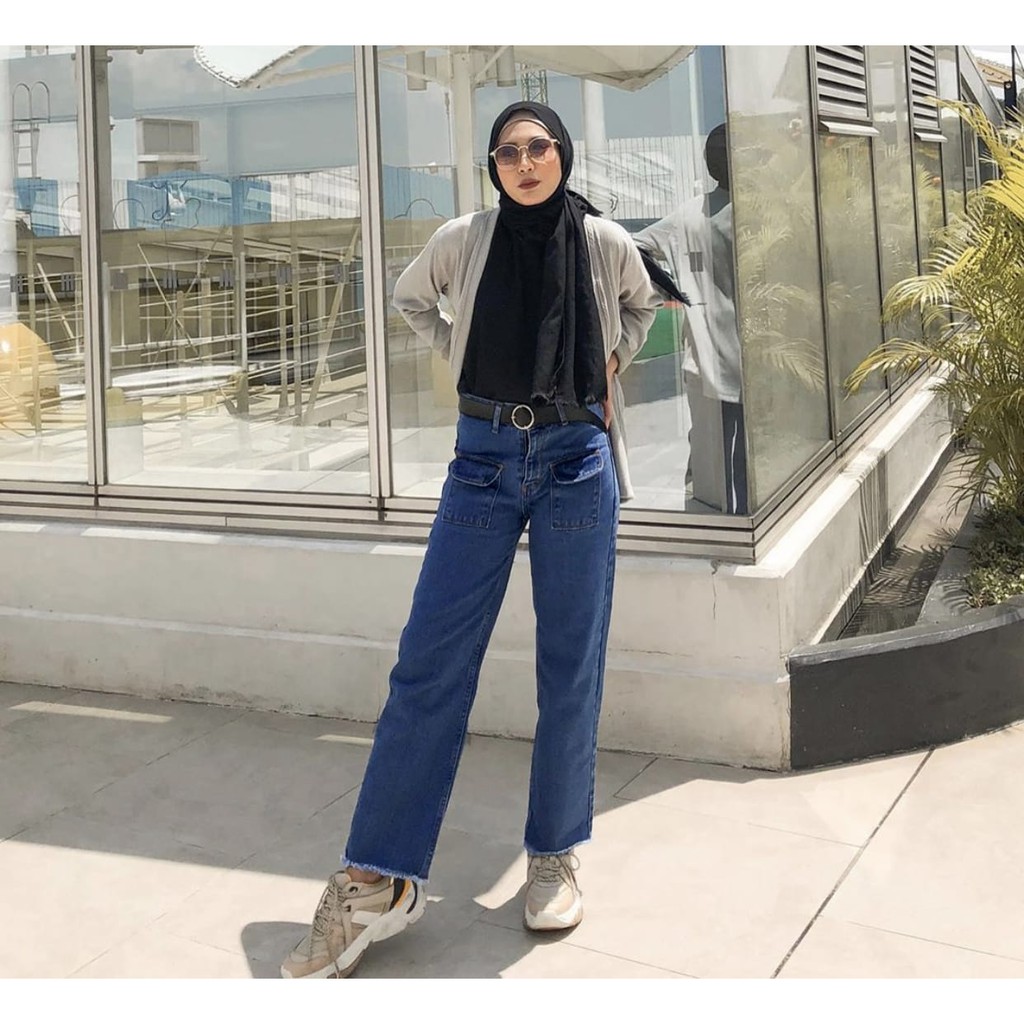 HOPYLOVY Celana Boyfriend Kulot Jeans Wanita Kantong Depan Shira