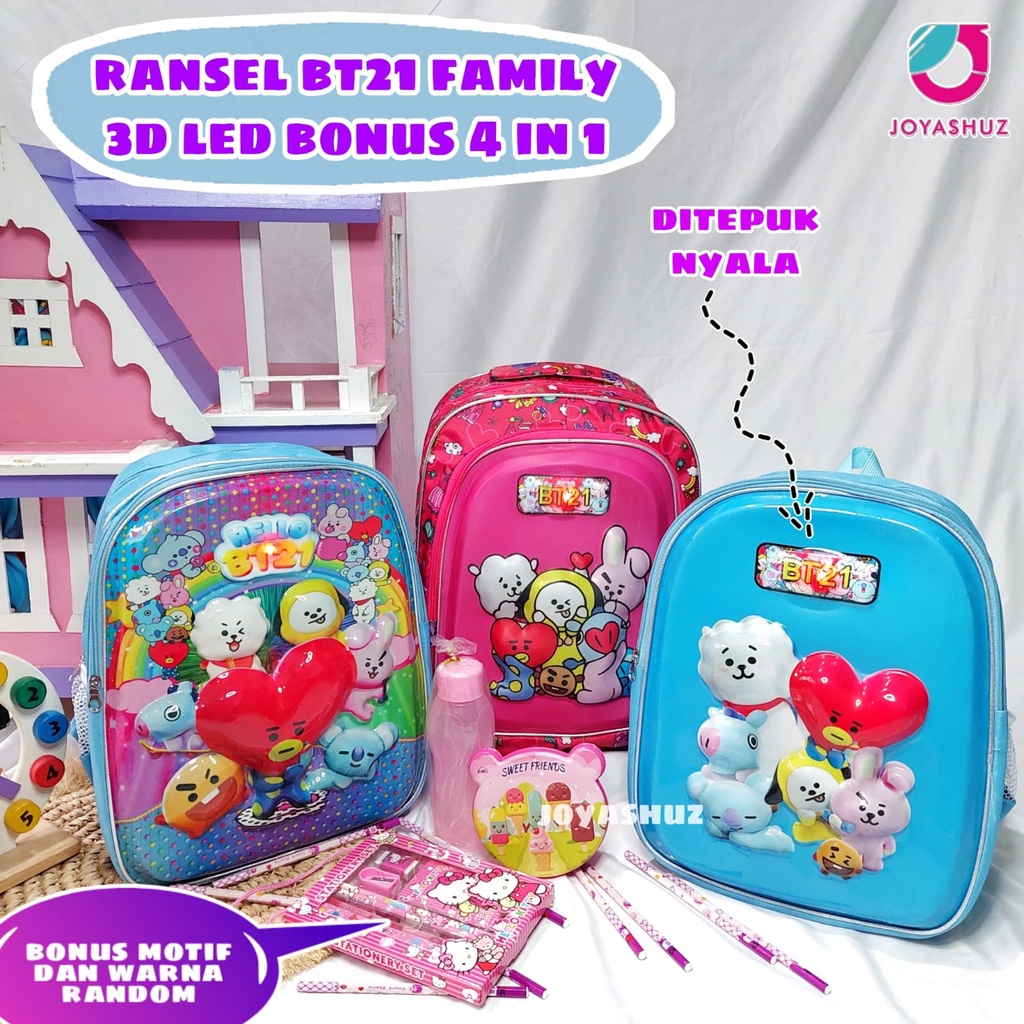 Tas Anak Perempuan Karakter Timbul - Ransel Anak SD - Tas Anak Perempuan Gratis Botol - Tas 3 Dimensi - Ransel LED Nyala - Joyashuz