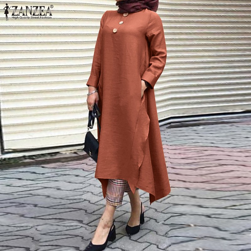 ZANZEA Women Decorative Button Front O-Neck Irregular Hem Muslim Dress