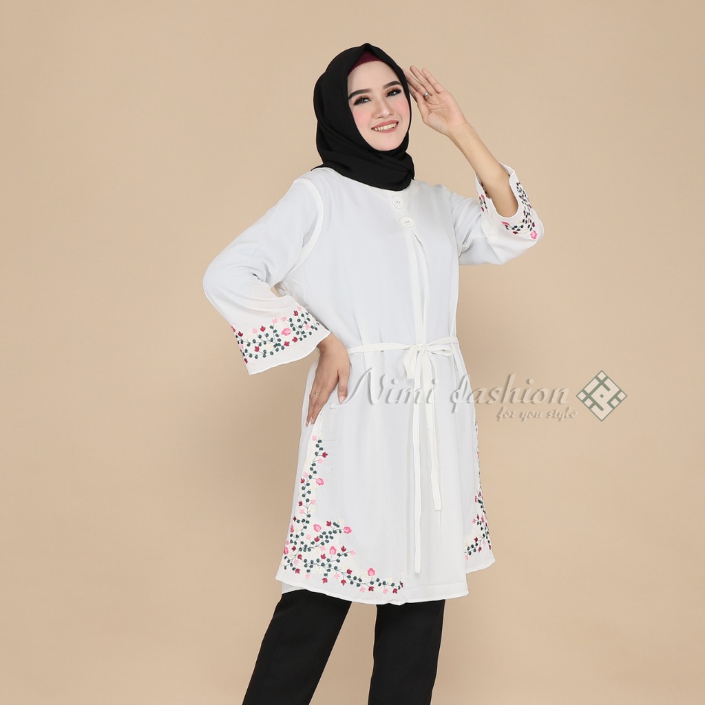 Baju Atasan Tunik Putih  Bordir Premium / Tunik Putih Panjang Big Size Nimi Fashion