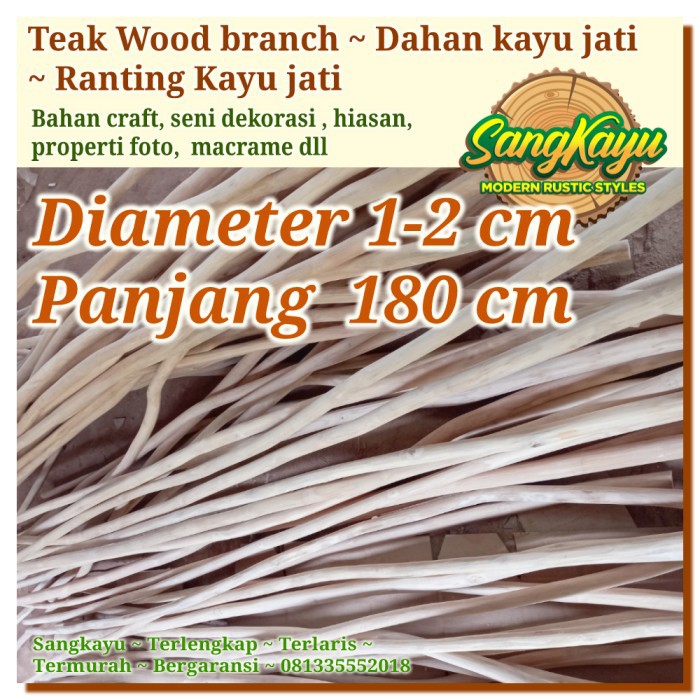 Kayu dahan kayu jati teak wood 1-2x180cm bahan macrame craft dekorasi