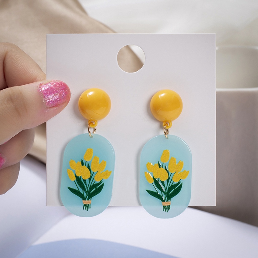 Hu Hu Hu Hu Hu Alat Bantu Pasang Kacamata♡ 1 Pasang Anting Stud Desain Print Bunga Tiga Dimensi Warna Cerah Untuk Wanita