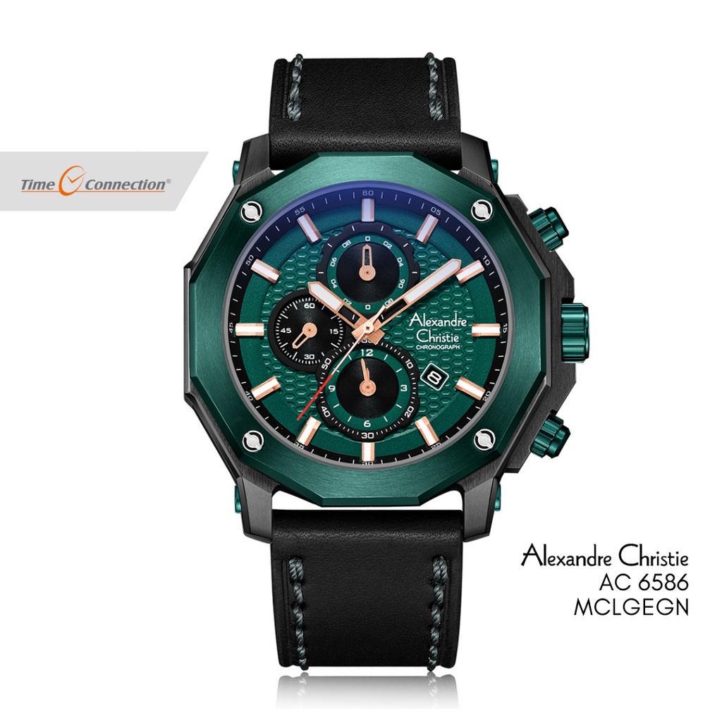 Alexandre Christie AC 6586 MCLGEGN Hitam Hijau Original / Jam Tangan Pria Kulit / Black Green Leathe
