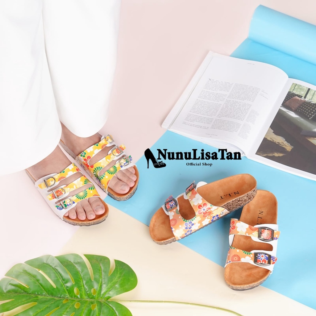 NunuLisaTan- sandal slop wanita model terbaru sandal ban motif bunga kuning