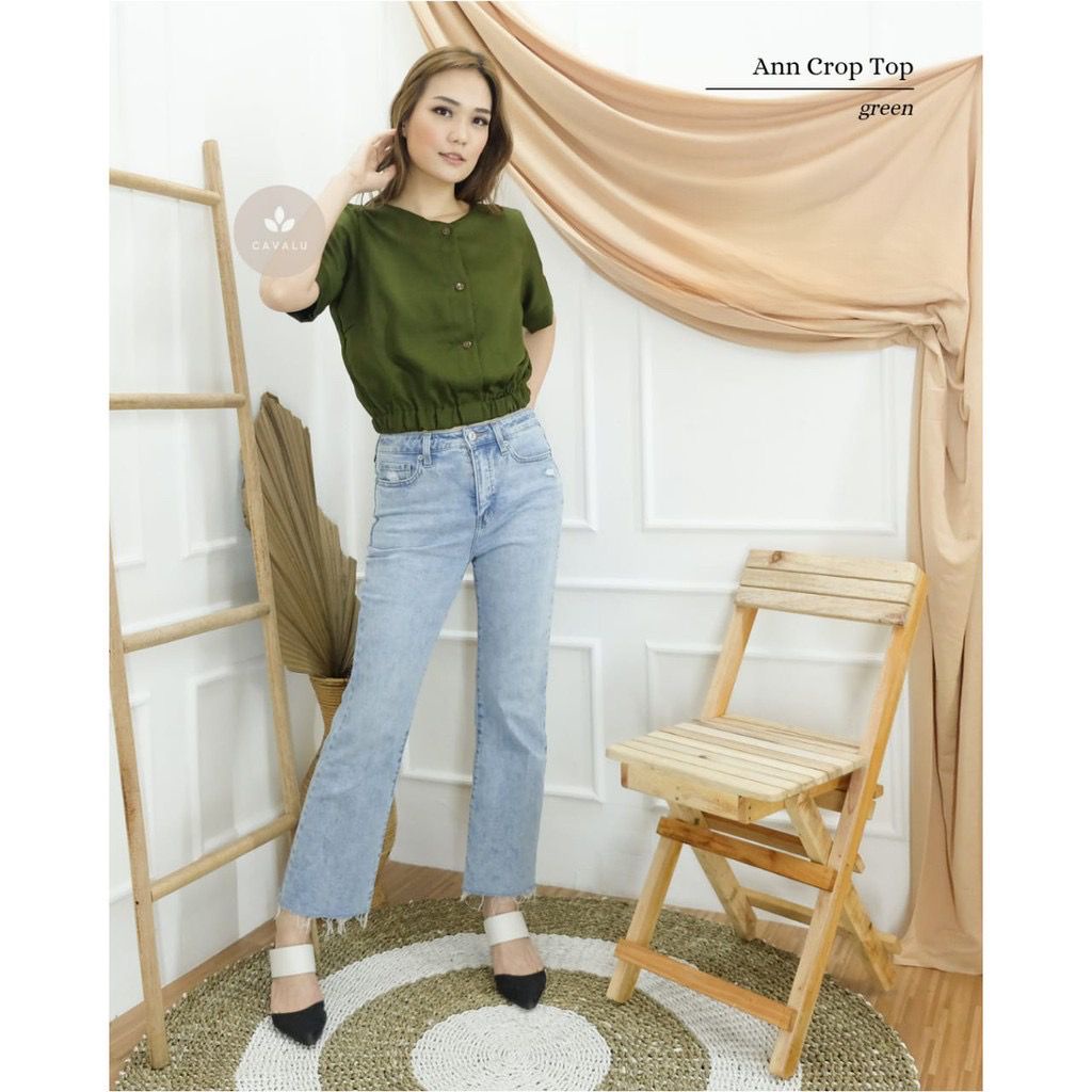 Baju Atasan Wanita Crop Top  Kemeja Kancing Cewek Moscrepe Halus CAVALU 038 Ann