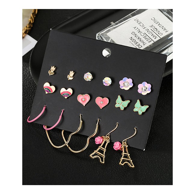 LRC Anting Set Fashion Color Butterfly Drops Oil Tower Stud Earrings Set D42522