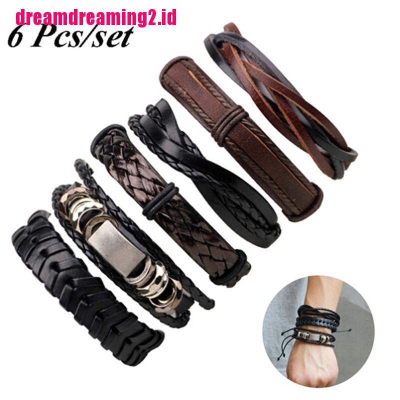 （✔✔❤6pcs / set Gelang Tali Kepang Multilayer Bahan Kulit Gaya Vintage Untuk Pria