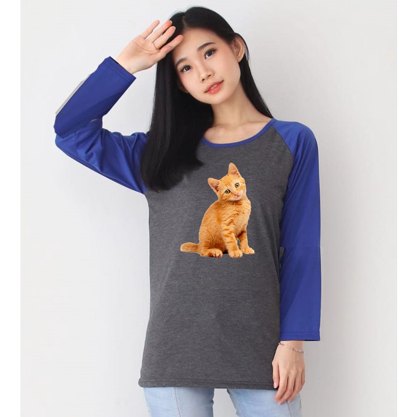 Kaos Raglan Abu Tua Lengan Panjang Gambar Kucing