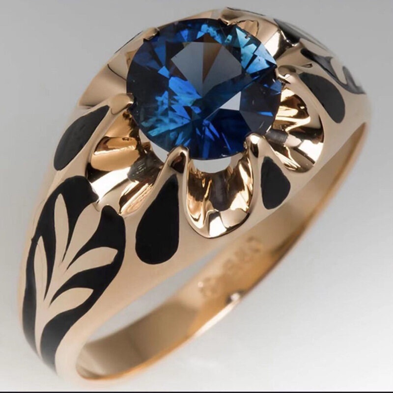 Cincin Lapis Emas 18k Gaya Vintage Dengan Kristal Warna Biru Untuk Pria